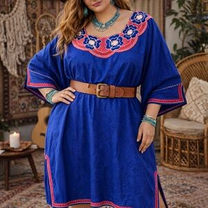 Handmade Indie Bollywood Vibrant Blue and Pink Floral Embroidered Midi Dress OS